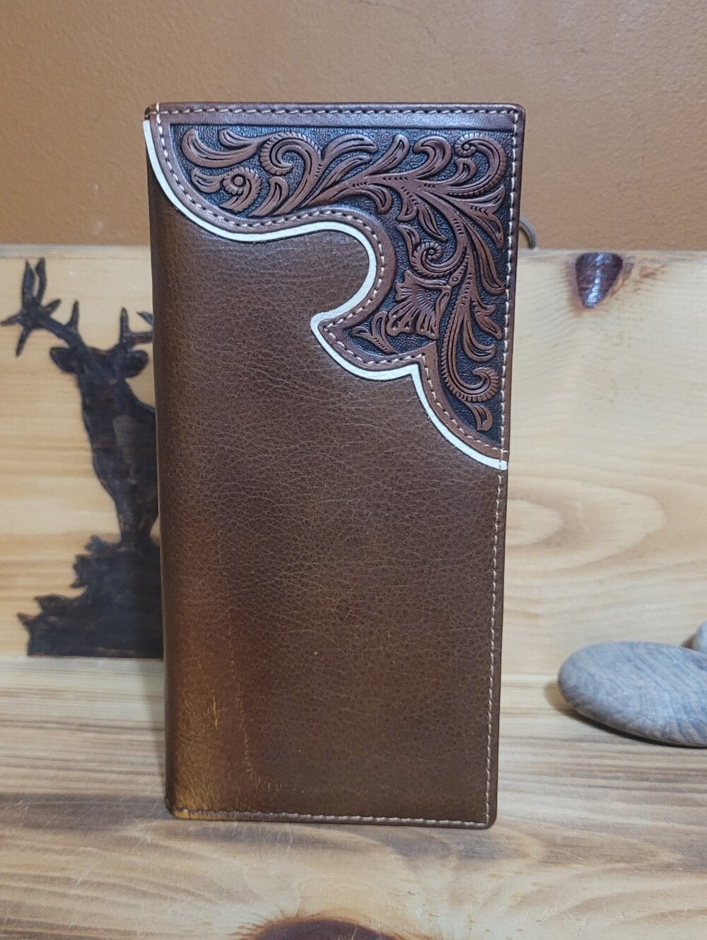 Western Brown Leather Rodeo Checkbook Wallet with Floral Tooled Corner Filigree